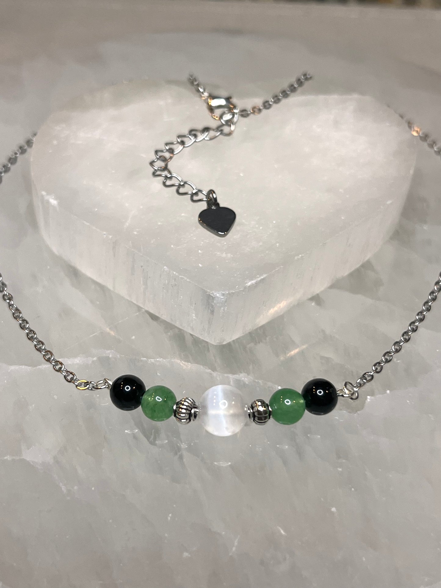 Genuine Selenite, Green Aventurine & Black Tourmaline Crystal Necklace