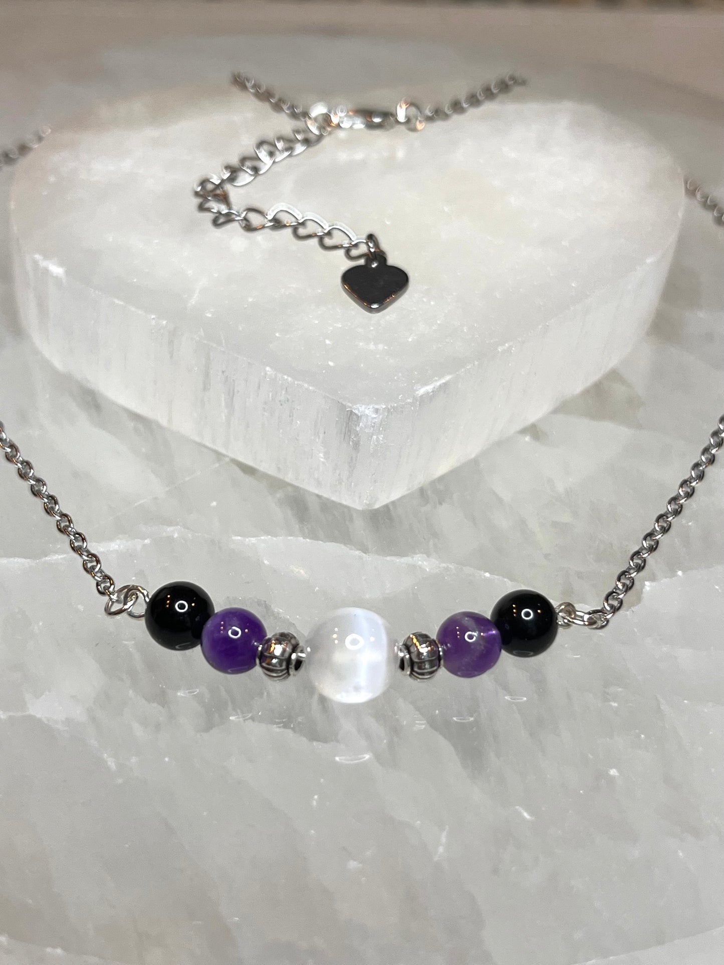 Genuine Selenite, Amethyst & Black Tourmaline Crystal Necklace