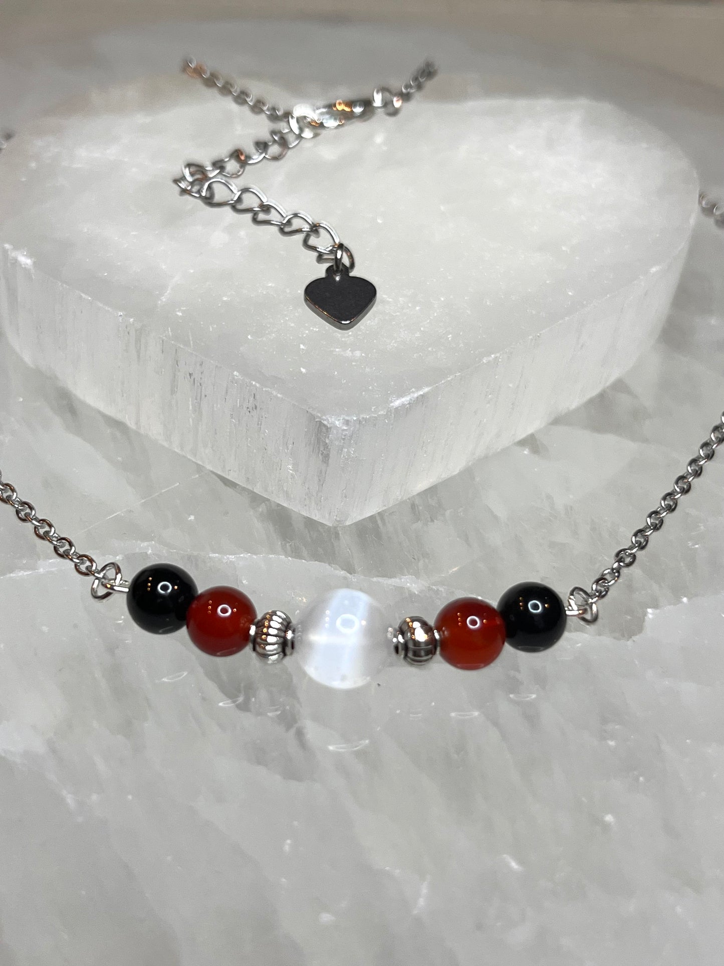 Genuine Selenite, Carnelian & Black Tourmaline Crystal Necklace