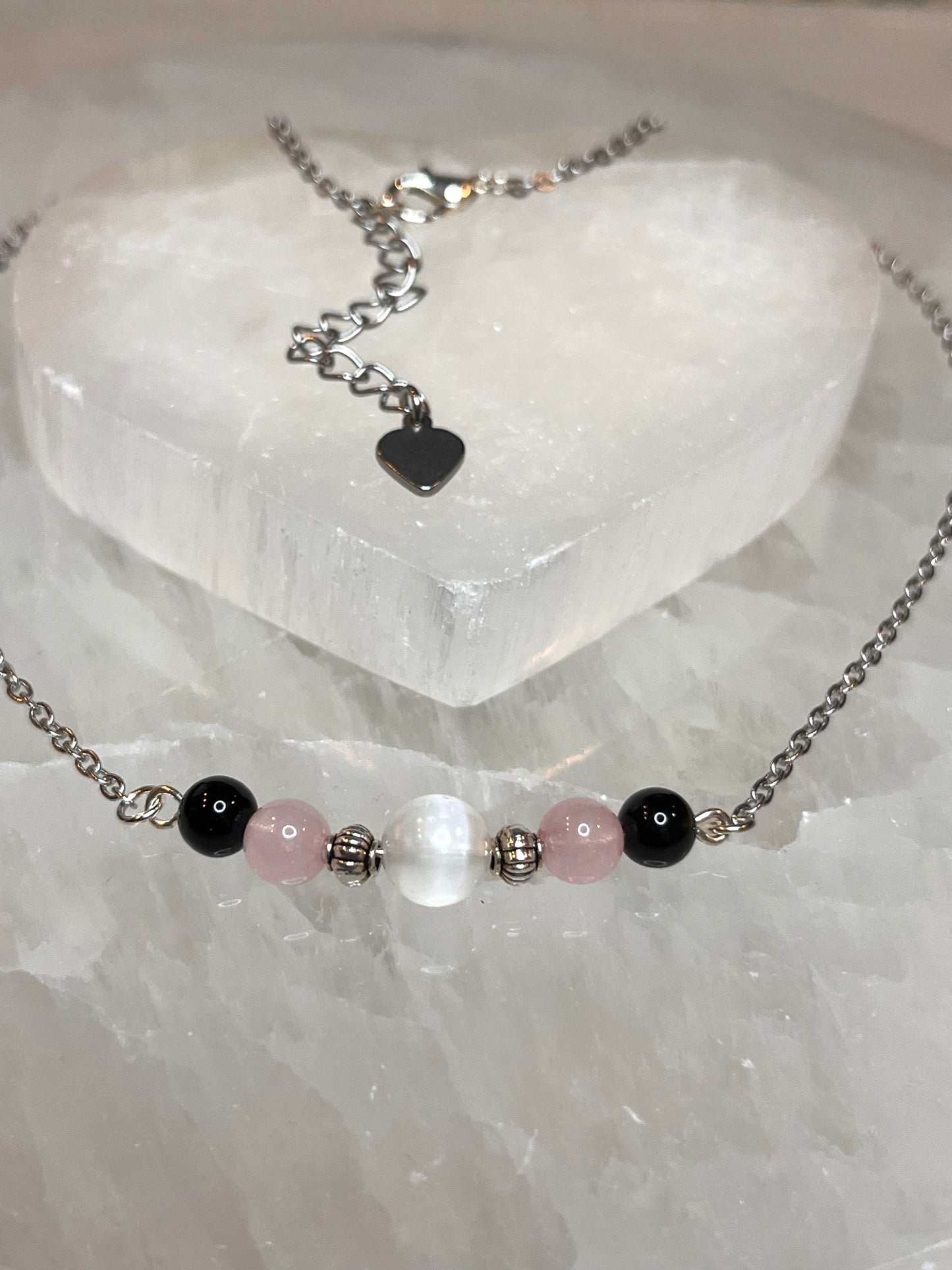 Genuine Selenite, Rose Quartz & Black Tourmaline Crystal Necklace