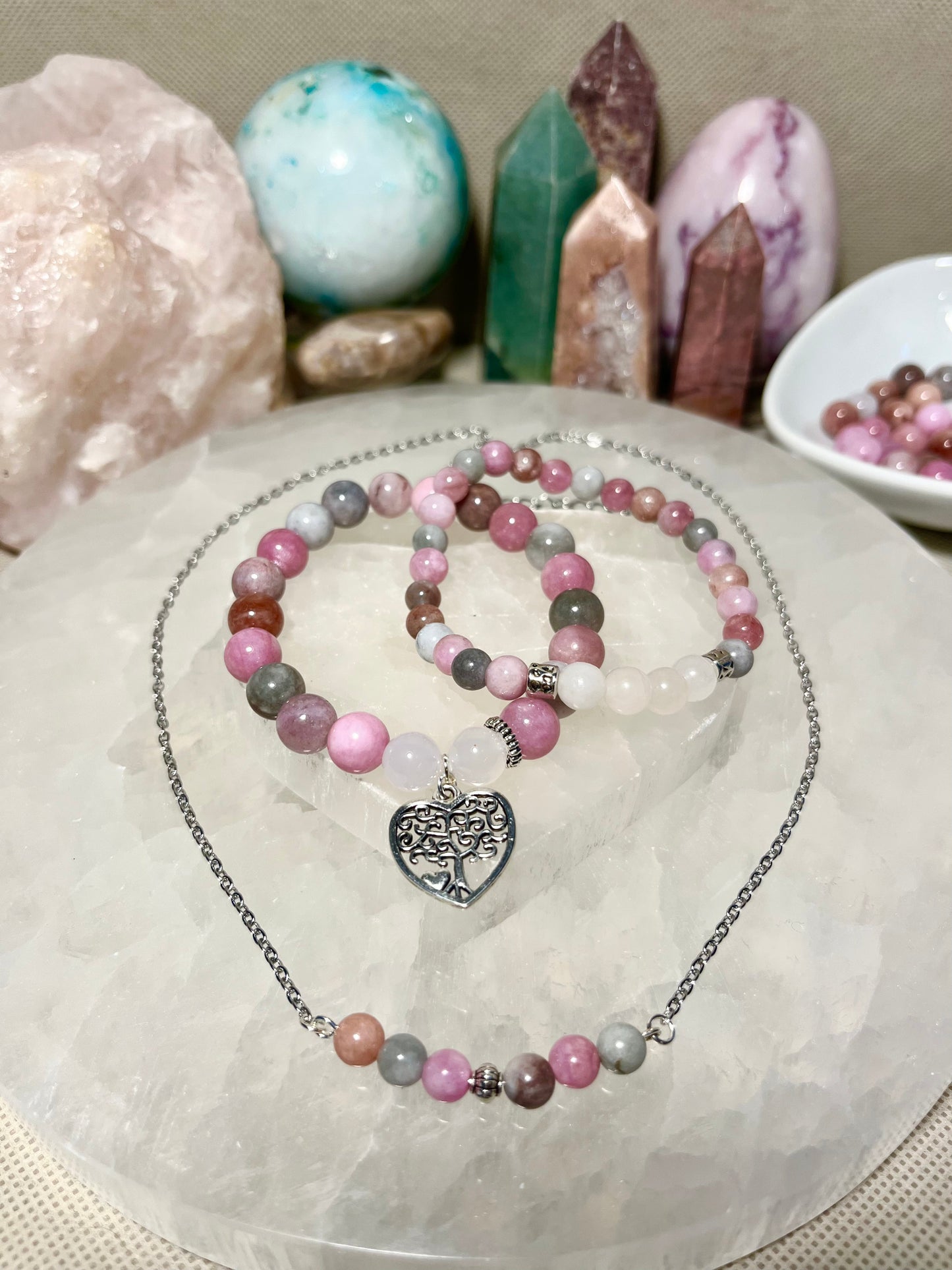 Genuine Malay Jade and White Jade Crystal Bracelet and Necklace Set