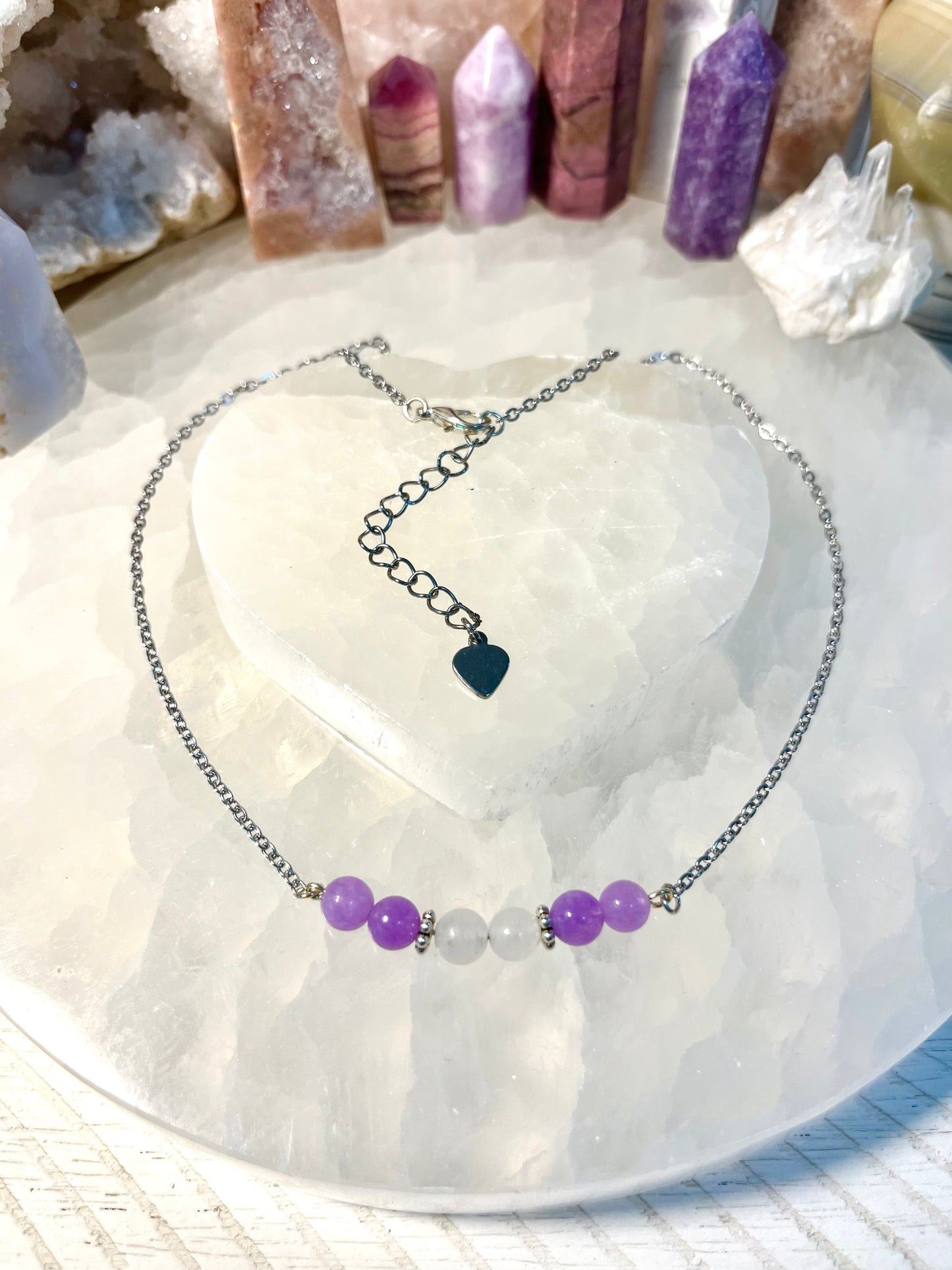 Genuine Lavendar Amethyst and White Jade Crystal Necklace