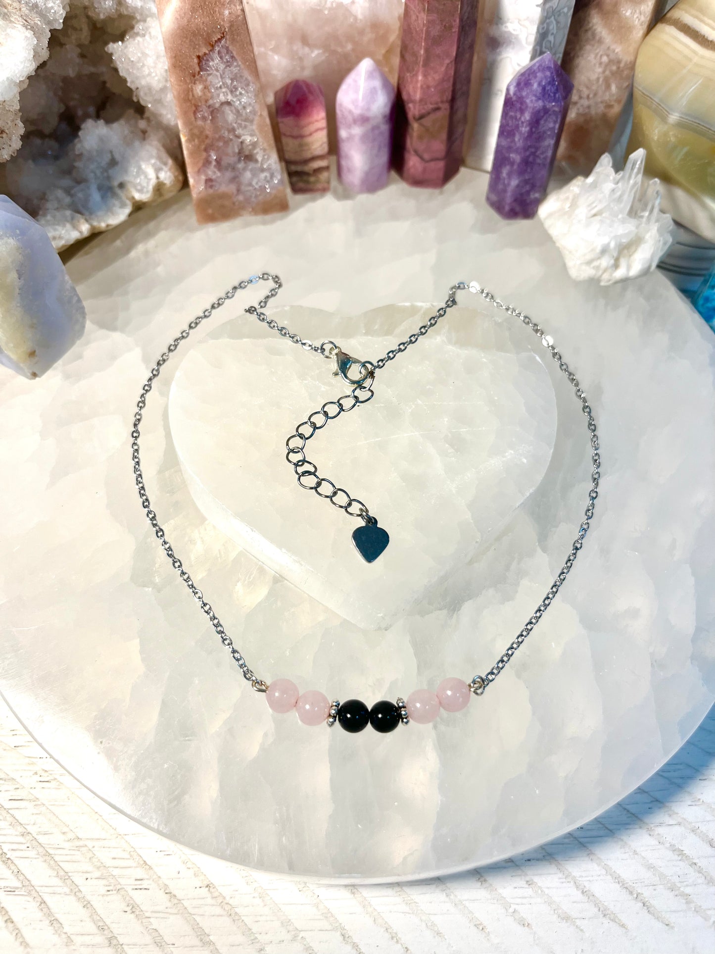 Genuine Rose Quartz and Black Tourmaline Crystal Necklace