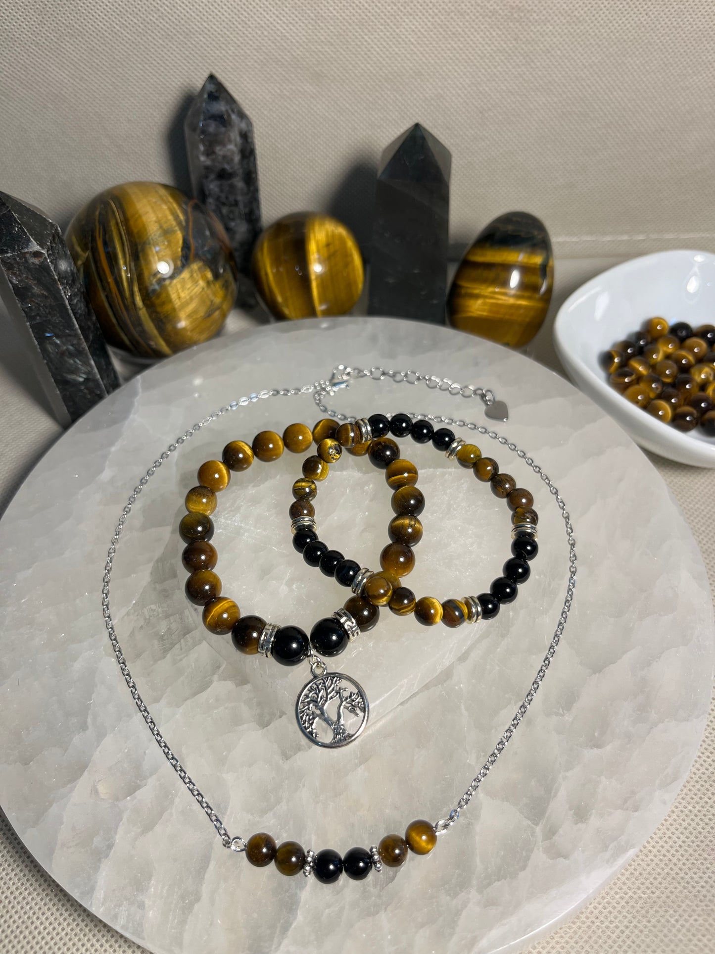 Genuine Tiger's Eye & Black Tourmaline Crystal Bracelet & Necklace Set