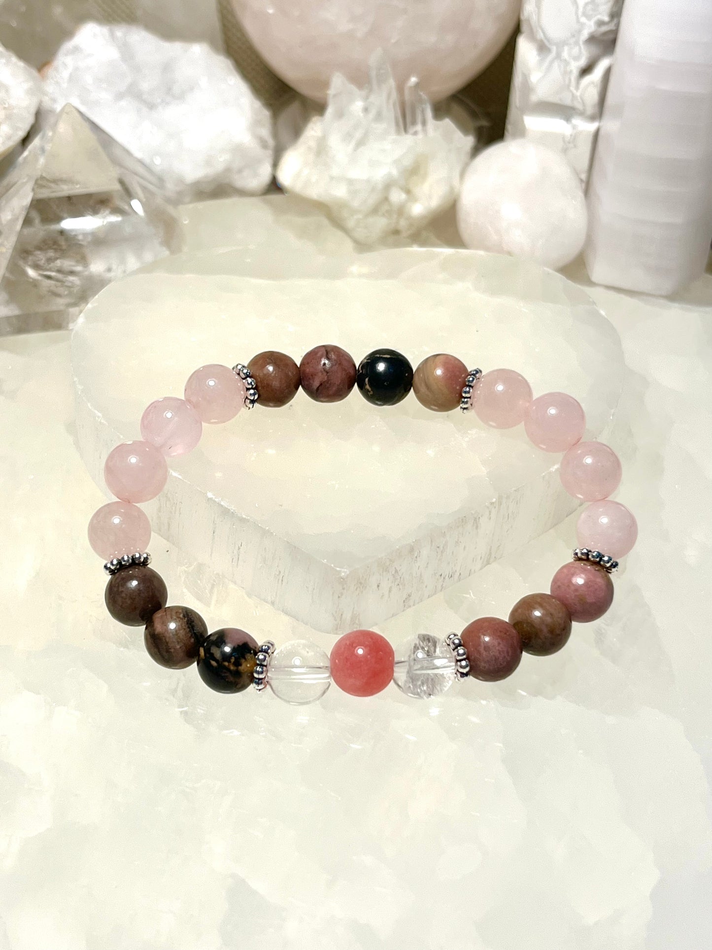Love Bracelet - Genuine Rose Quartz, Rhodonite, Rhodochrosite, Clear Quartz