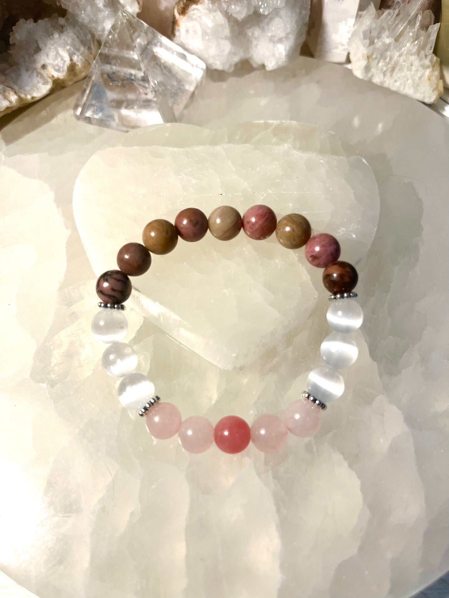 Self-Confidence Bracelet - Genuine Rhodonite, Selenite, Rose Quartz & Rhodochrosite