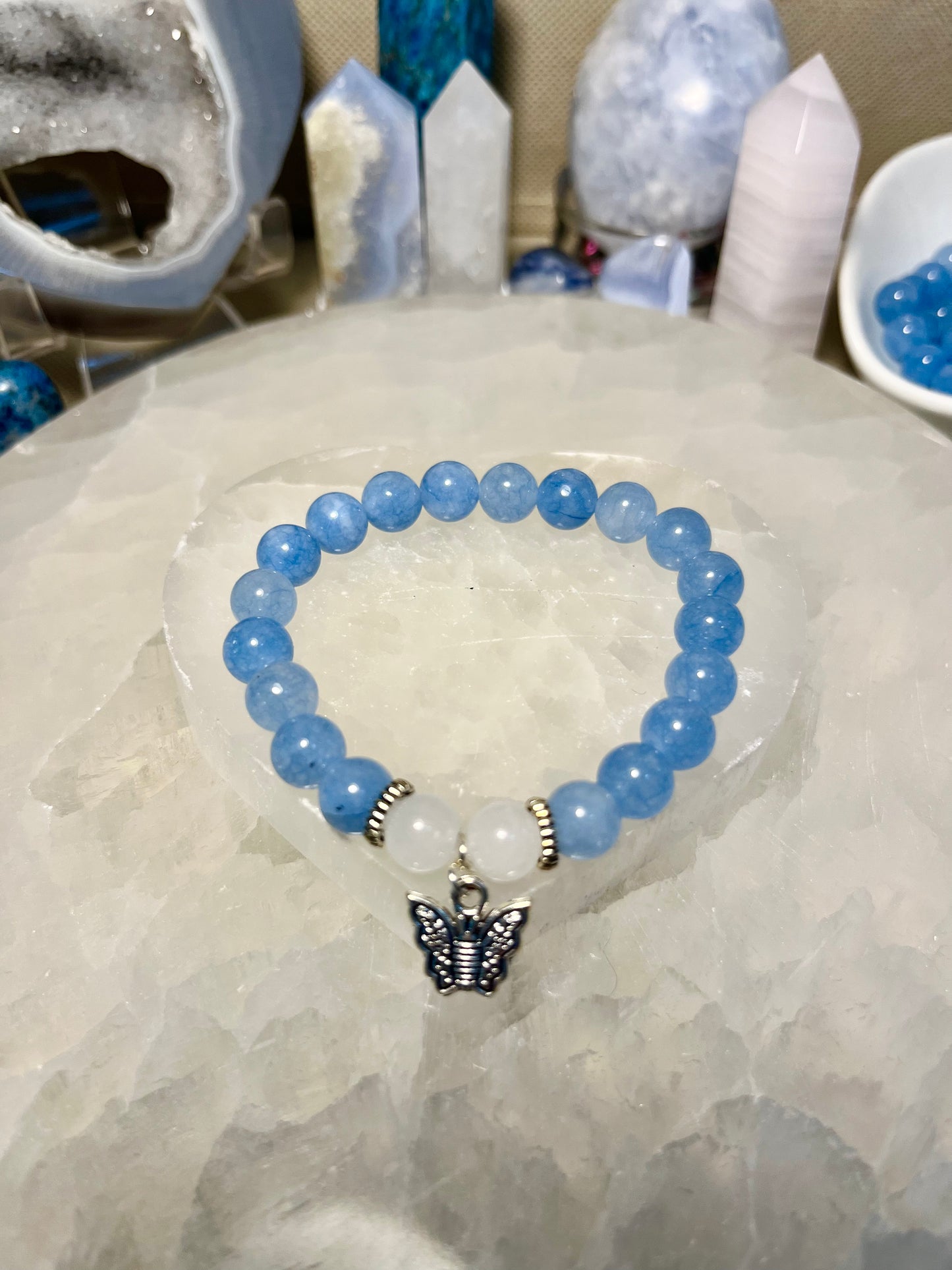 Genuine Blue Chalcedony and White Jade Crystal Bracelet