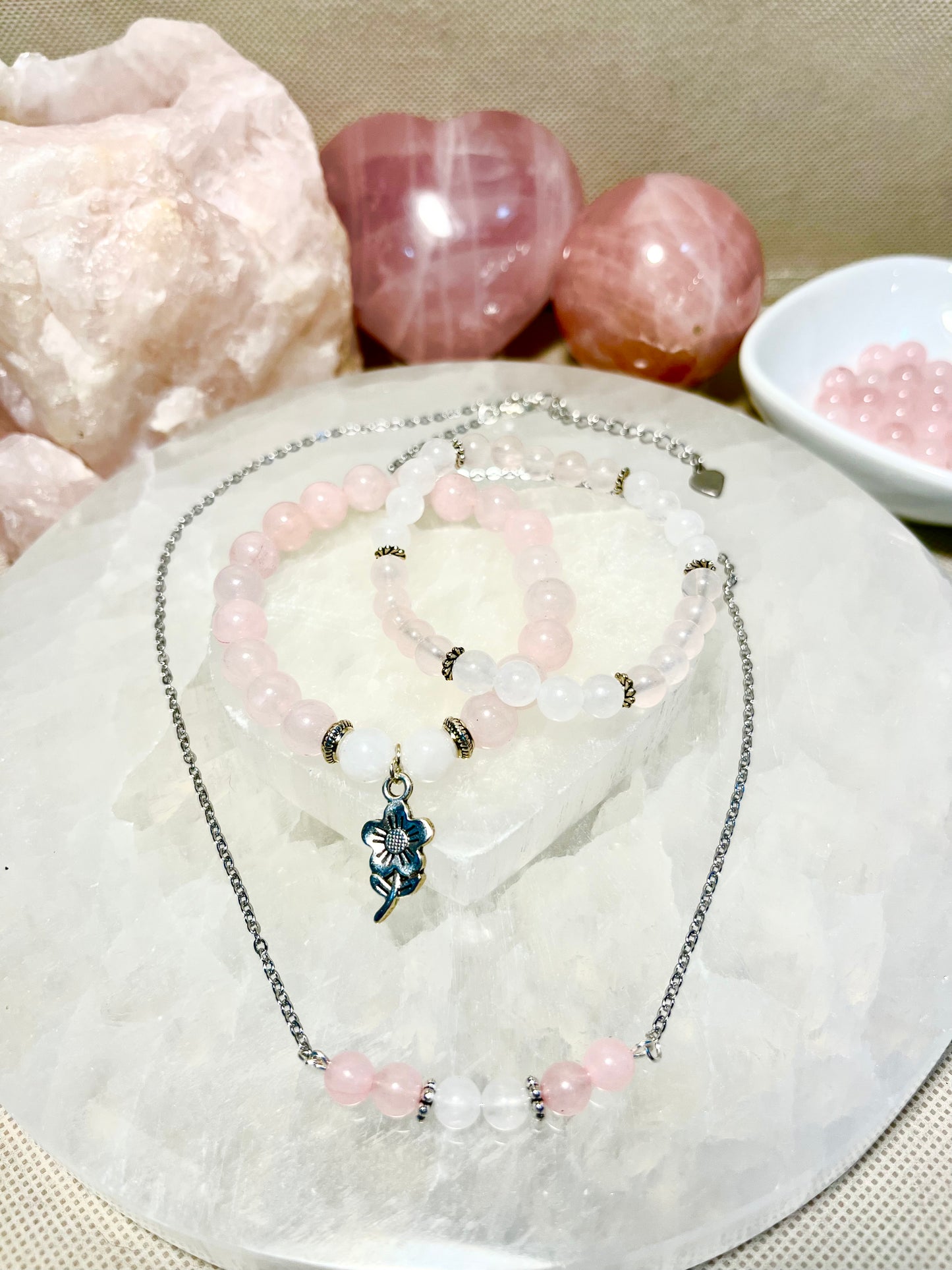 Genuine Rose Quartz and White Jade Crystal Bracelet & Necklace Set