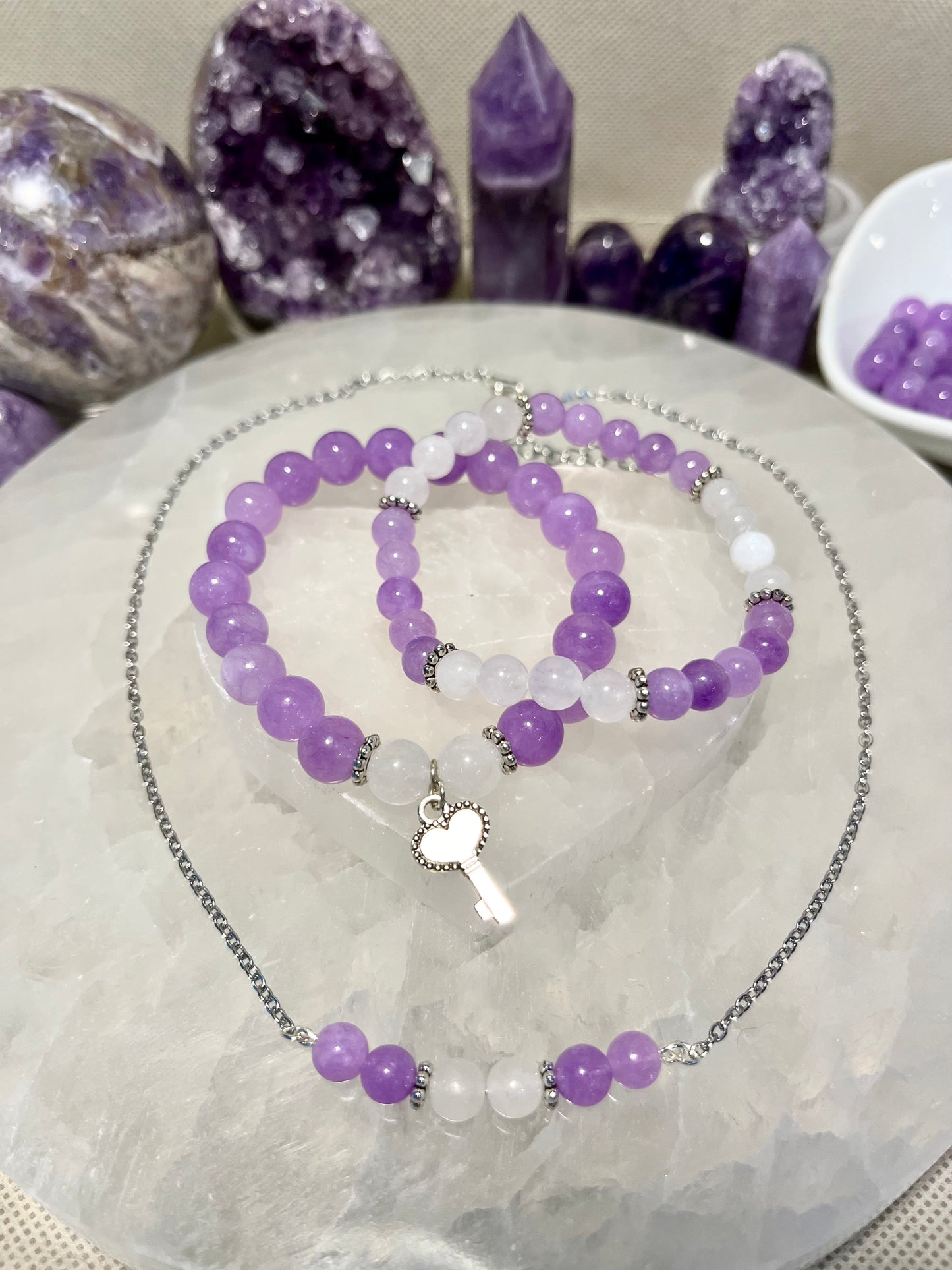 Genuine Lavendar Amethyst and White Jade Crystal Bracelet & Necklace Set