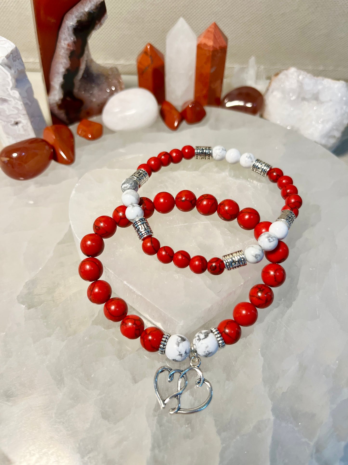 Genuine Red Vein Jasper and Howlite Crystal Bracelet Set