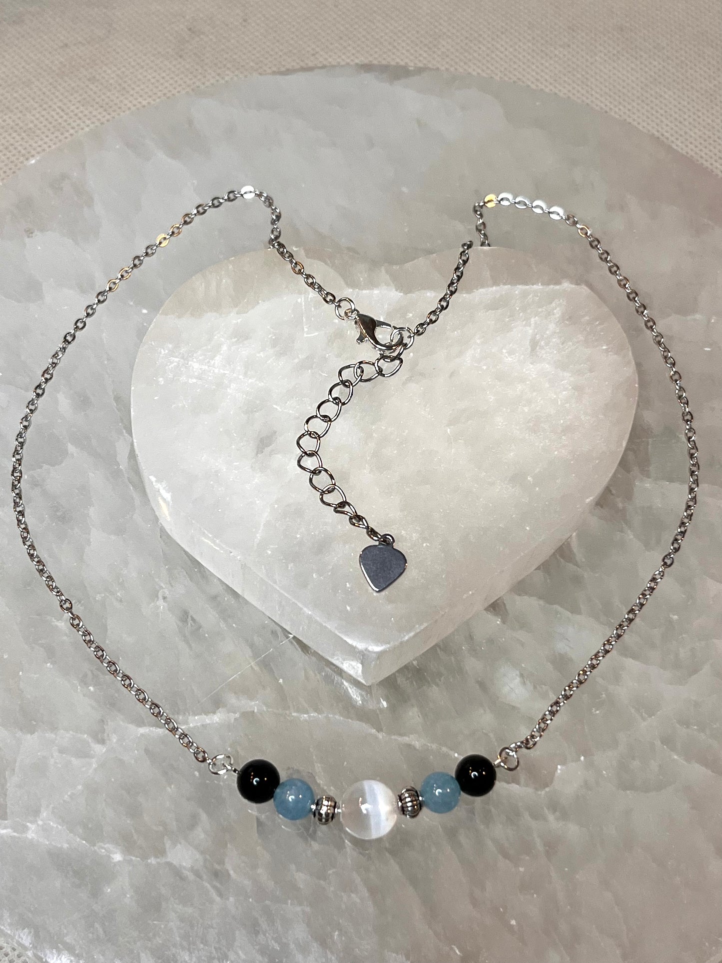 Genuine Selenite, Aquamarine & Black Tourmaline Crystal Necklace