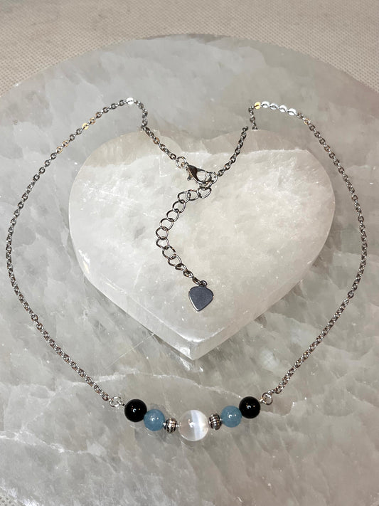 Genuine Selenite, Aquamarine & Black Tourmaline Crystal Necklace