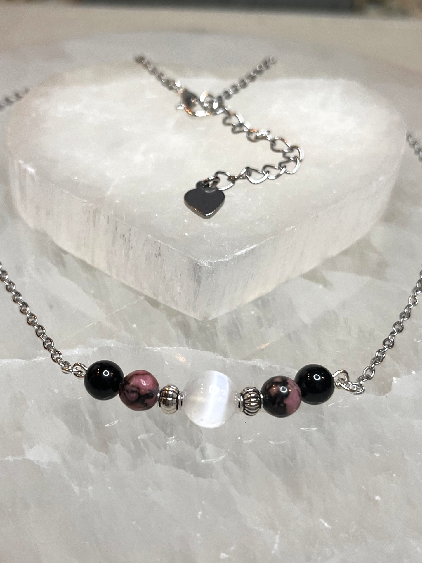 Genuine Selenite, Rhodonite & Black Tourmaline Crystal Necklace