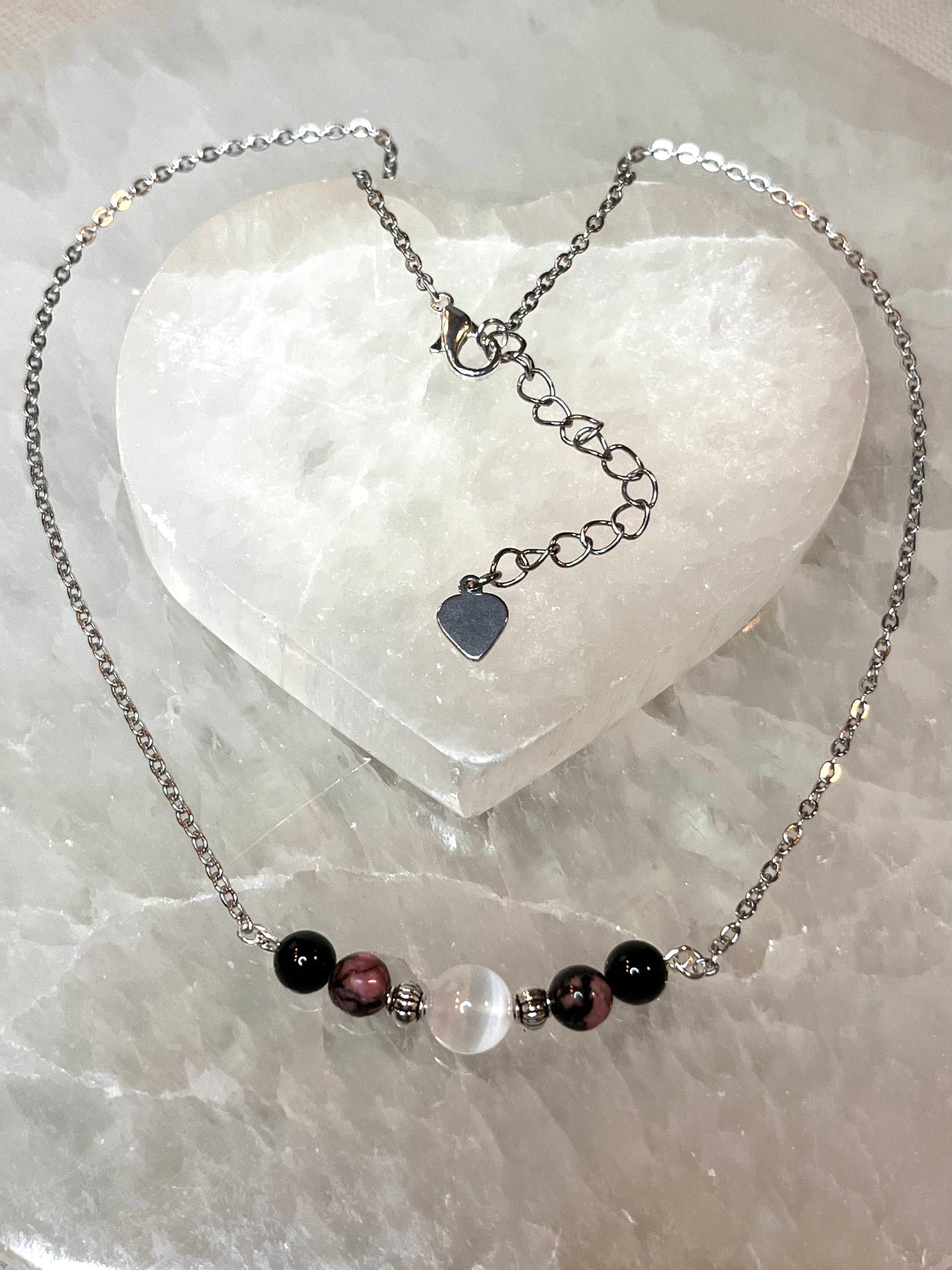 Genuine Selenite, Rhodonite & Black Tourmaline Crystal Necklace