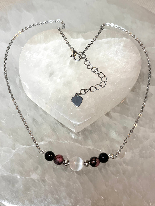 Genuine Selenite, Rhodonite & Black Tourmaline Crystal Necklace