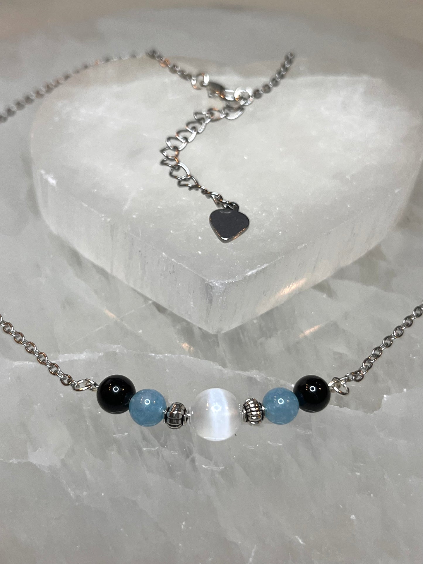 Genuine Selenite, Aquamarine & Black Tourmaline Crystal Necklace