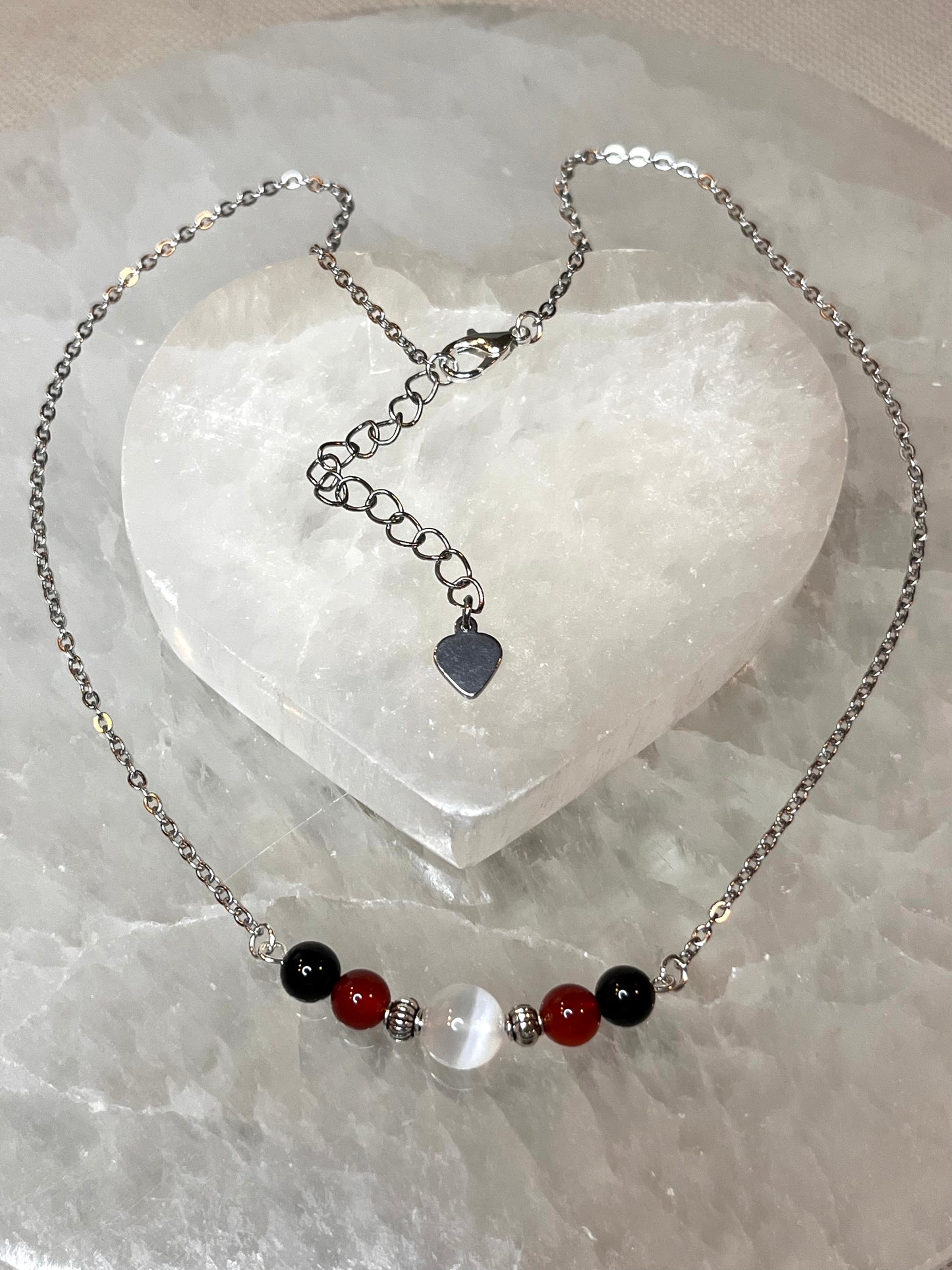 Genuine Selenite, Carnelian & Black Tourmaline Crystal Necklace