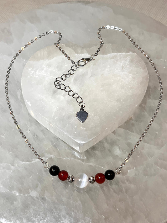 Genuine Selenite, Carnelian & Black Tourmaline Crystal Necklace