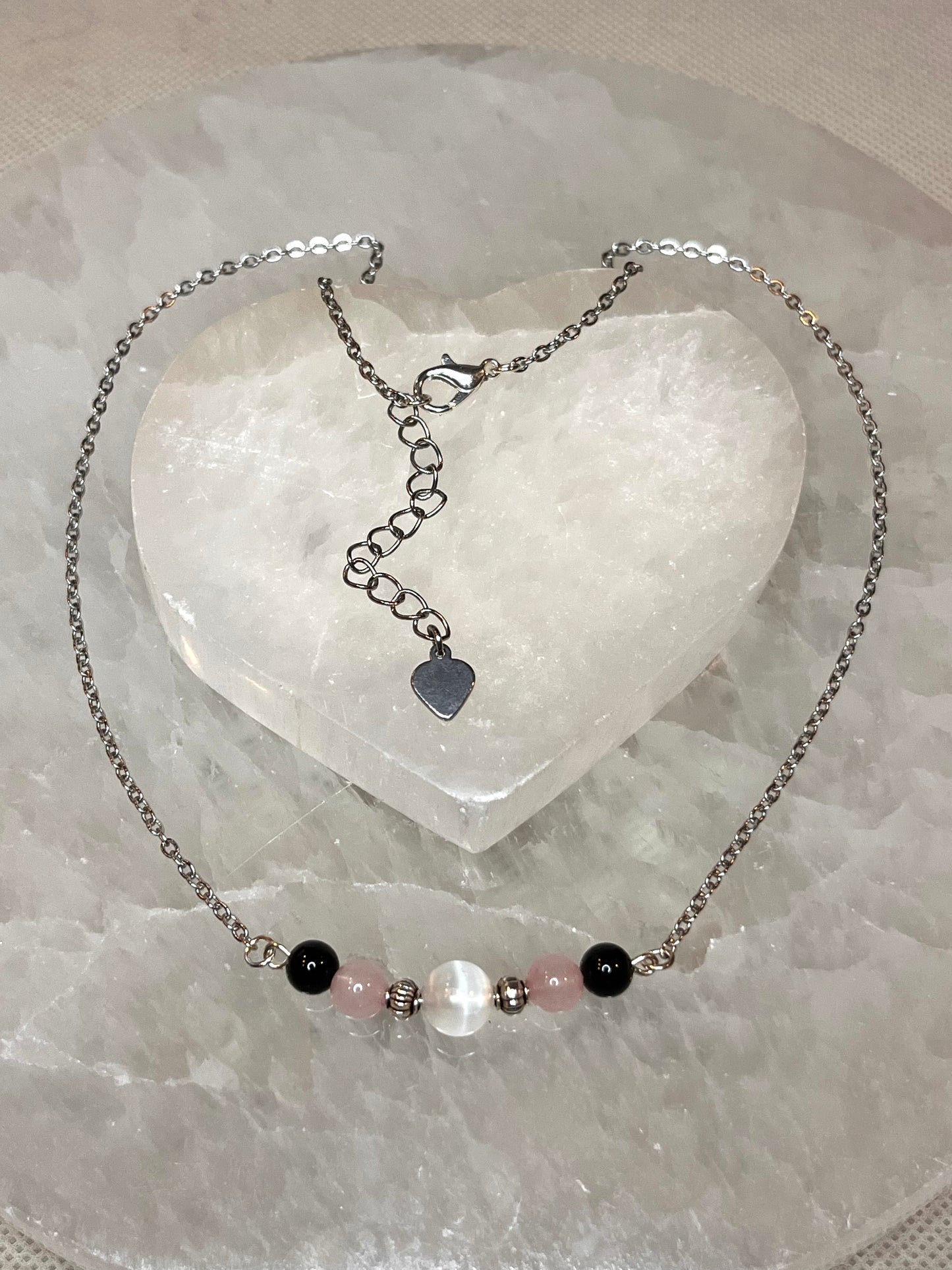 Genuine Selenite, Rose Quartz & Black Tourmaline Crystal Necklace