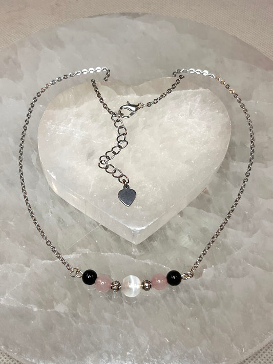 Genuine Selenite, Rose Quartz & Black Tourmaline Crystal Necklace