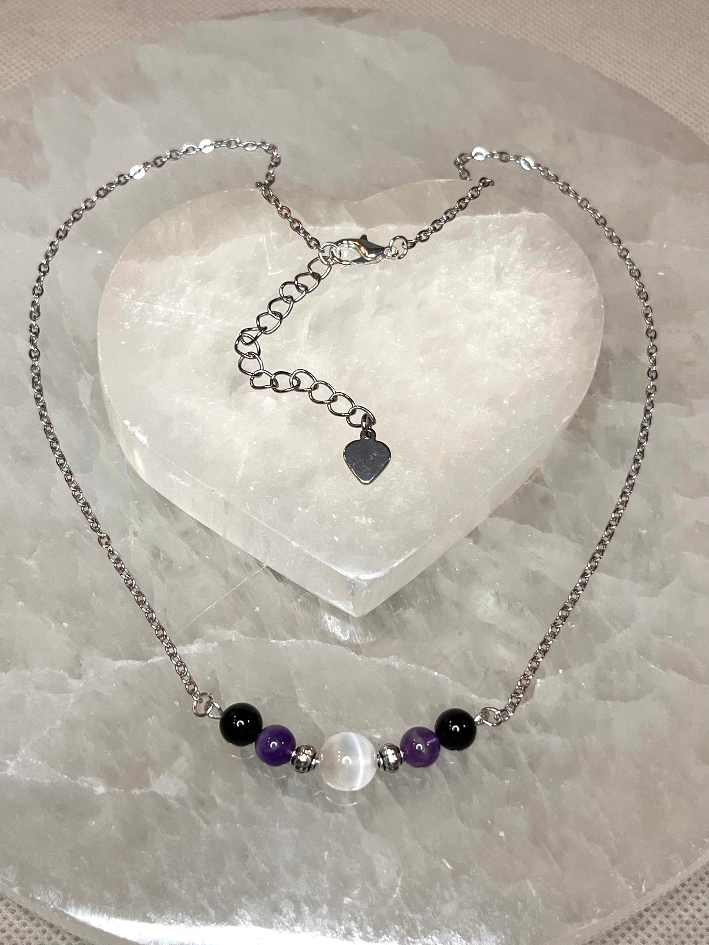 Genuine Selenite, Amethyst & Black Tourmaline Crystal Necklace