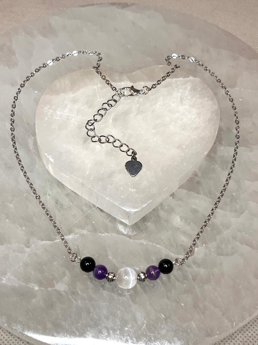 Genuine Selenite, Amethyst & Black Tourmaline Crystal Necklace