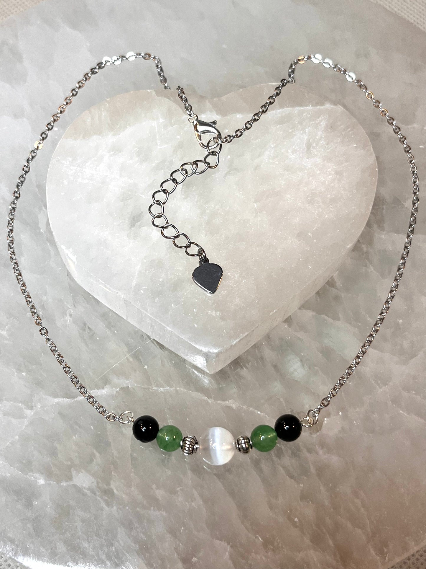 Genuine Selenite, Green Aventurine & Black Tourmaline Crystal Necklace