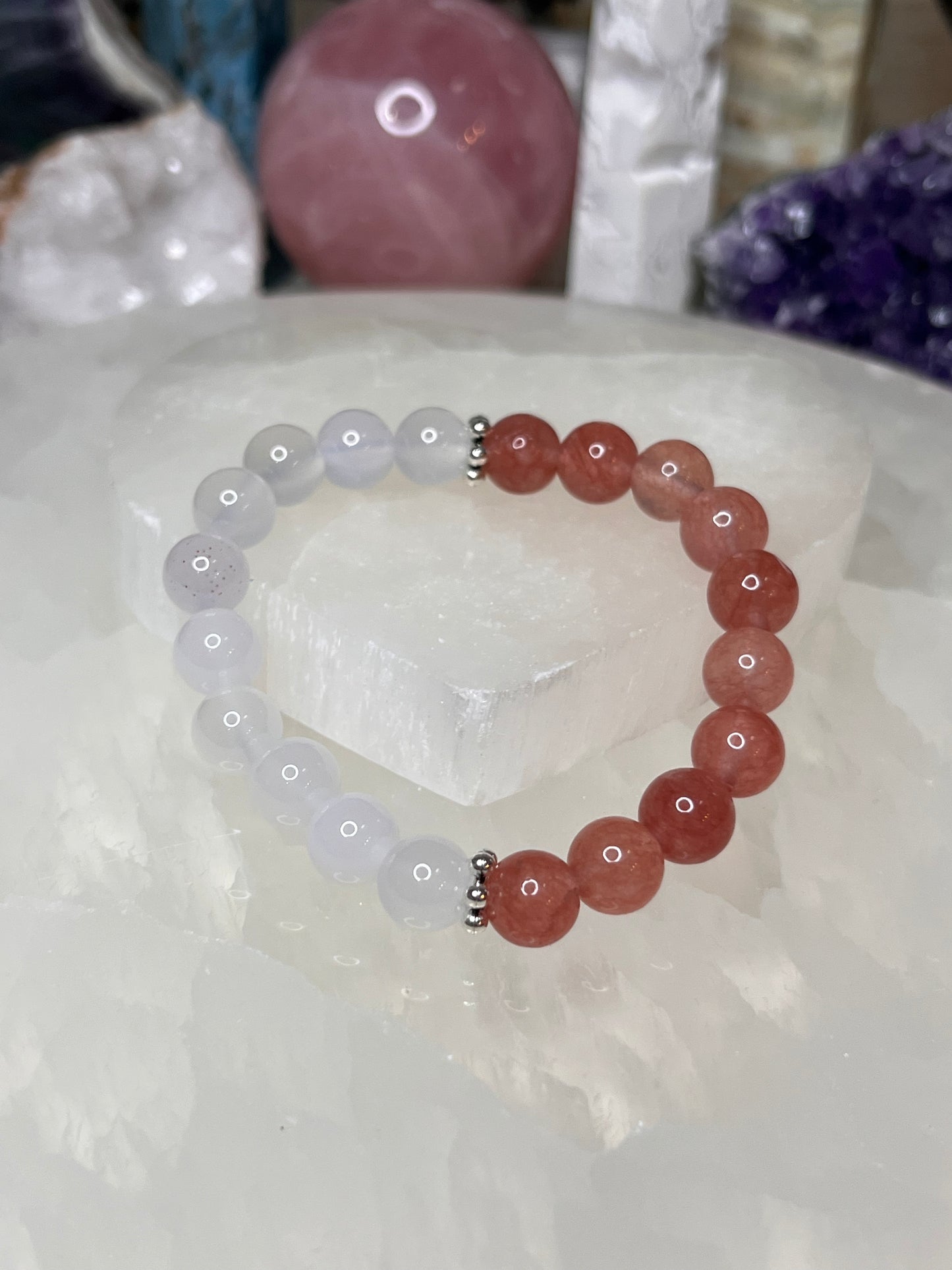 Genuine Strawberry Quartz & White Jade Crystal Bracelet