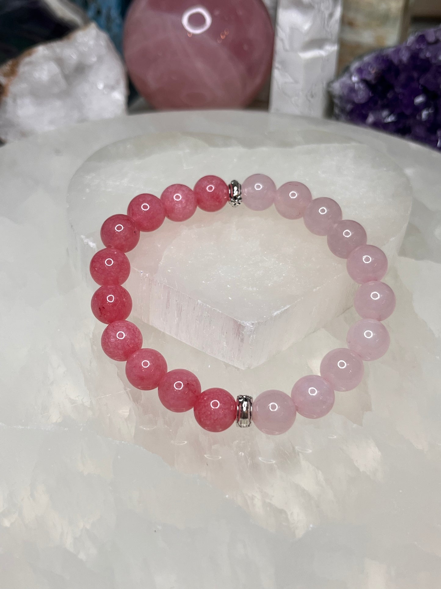 Genuine Rose Quartz & Pink Chalcedony Crystal Bracelet