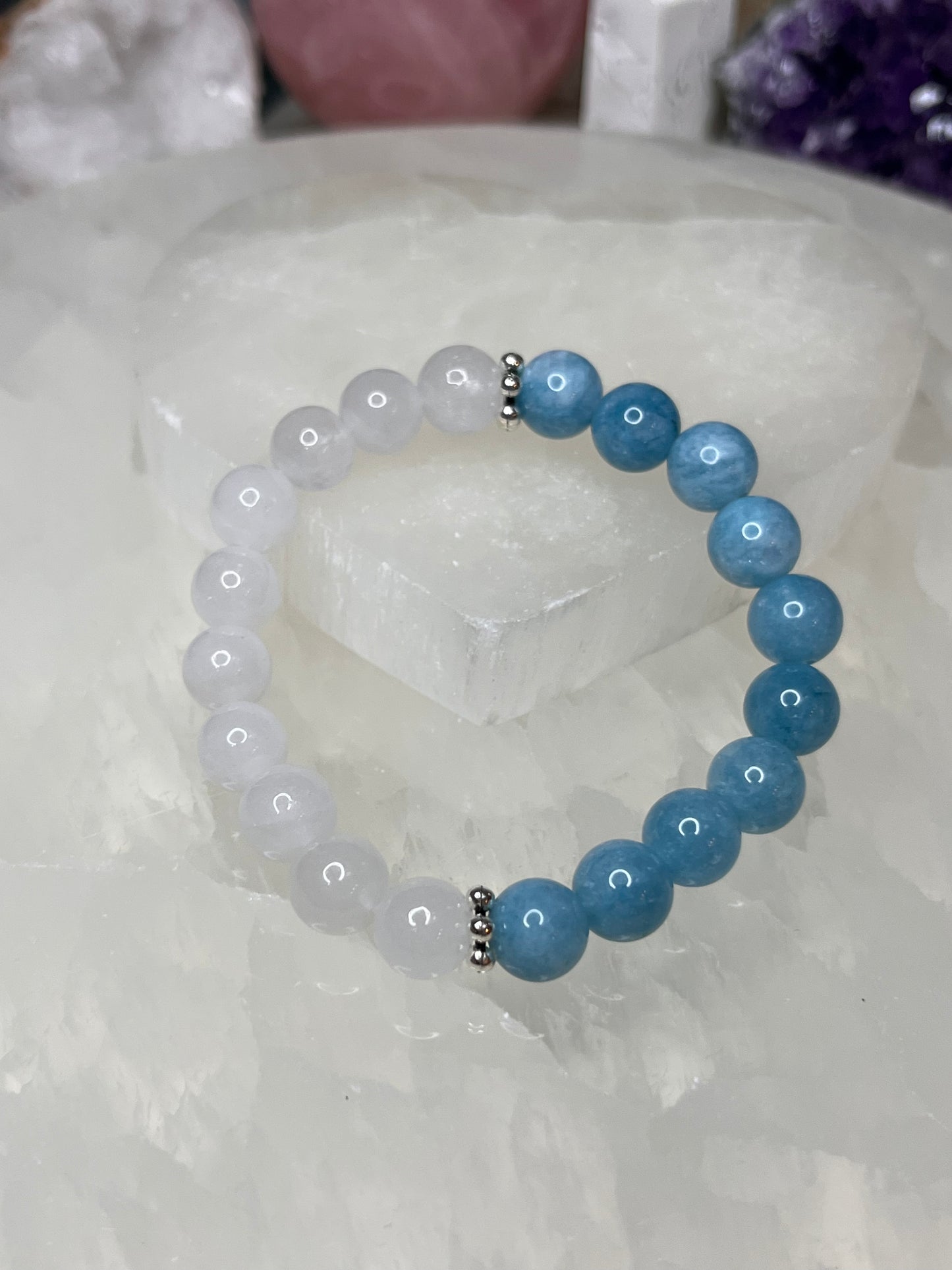 Genuine Blue Chalcedony & White Jade Crystal Bracelet
