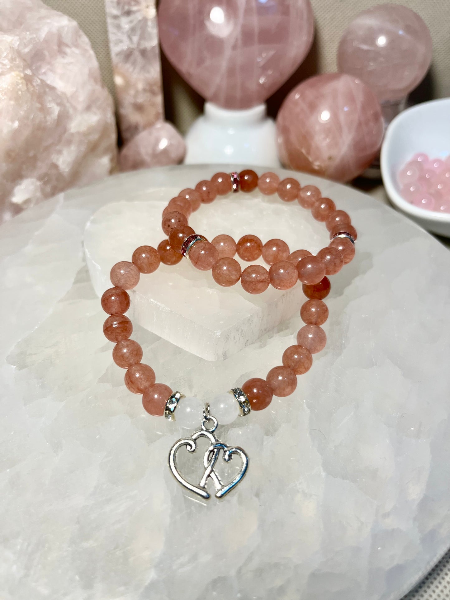 Genuine Strawberry Quartz and White Jade Crystal Bracelet Set