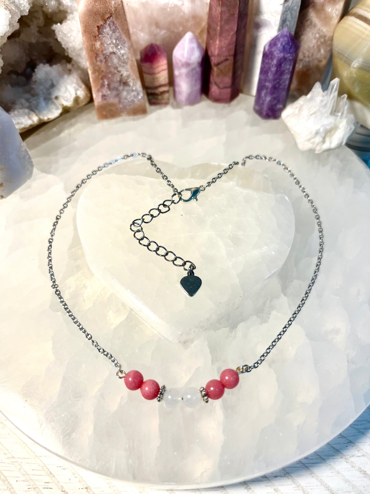 Genuine Rhodochrosite and White Jade Crystal Necklace