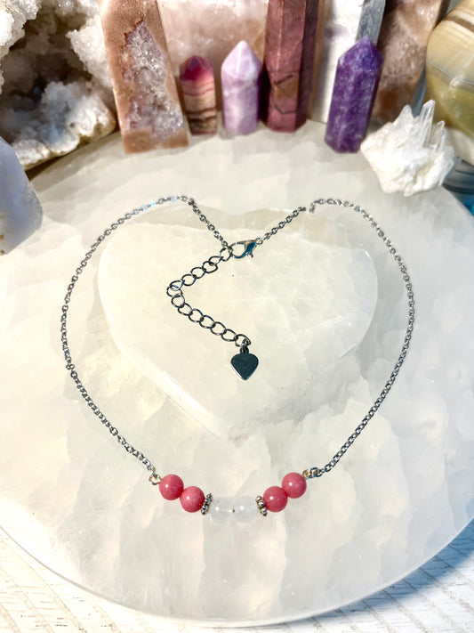 Genuine Rhodochrosite and White Jade Crystal Necklace