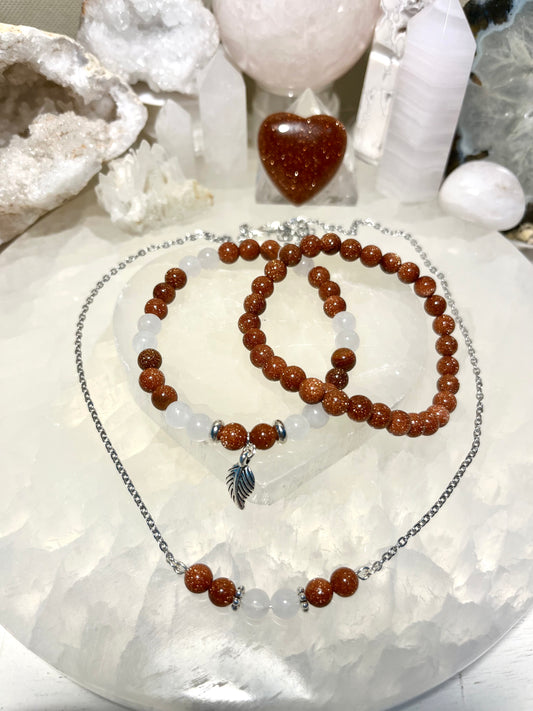 Genuine White Jade & Goldstone Crystal Bracelet and Necklace Set