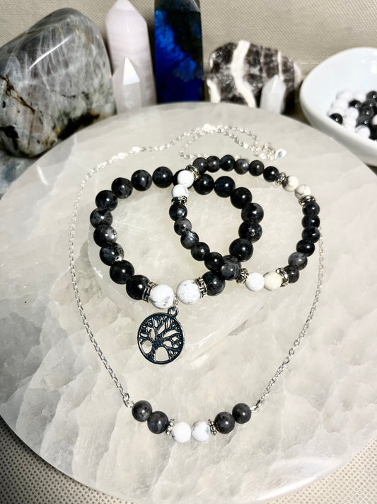 Genuine Labradorite and Howlite Crystal Bracelet & Necklace Set