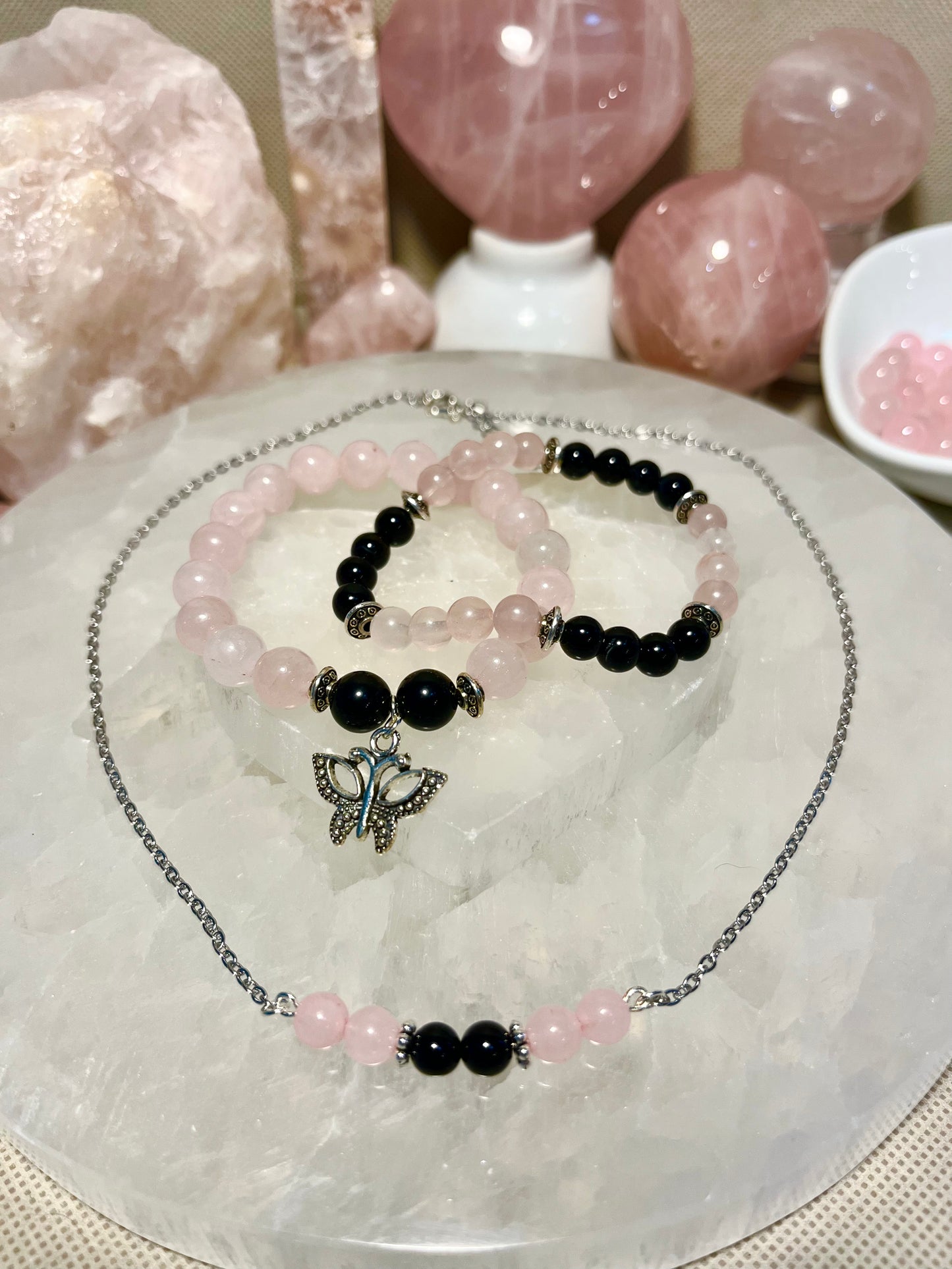 Genuine Rose Quartz and Black Tourmaline Crystal Bracelet & Necklace Set