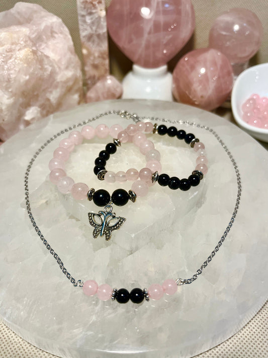 Genuine Rose Quartz and Black Tourmaline Crystal Bracelet Set ONLY