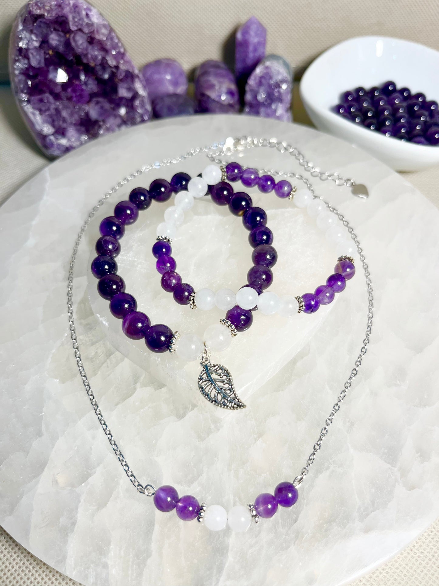 Genuine Amethyst and White Jade Crystal Bracelet and Necklace Set