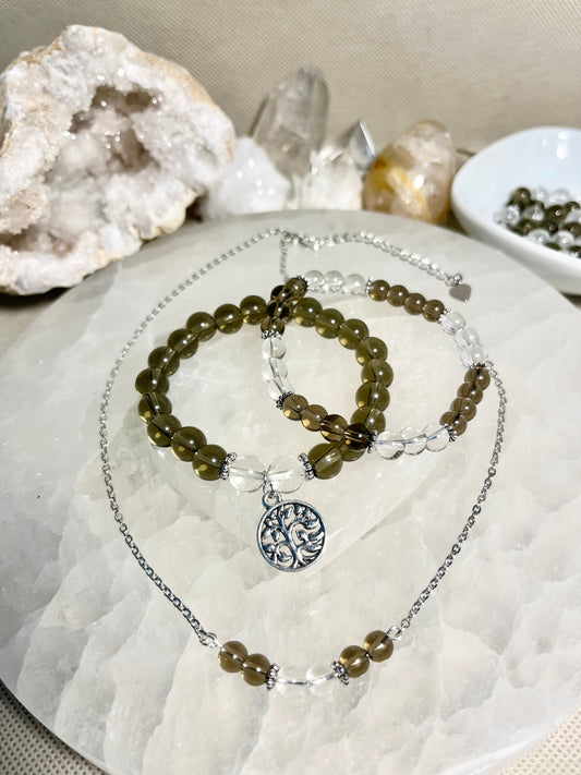 Genuine Smoky Quartz and Clear Quartz Crystal Bracelet Set ONLY