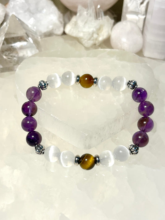 Health Bracelet - Genuine Amethyst, Tiger's Eye, Selenite