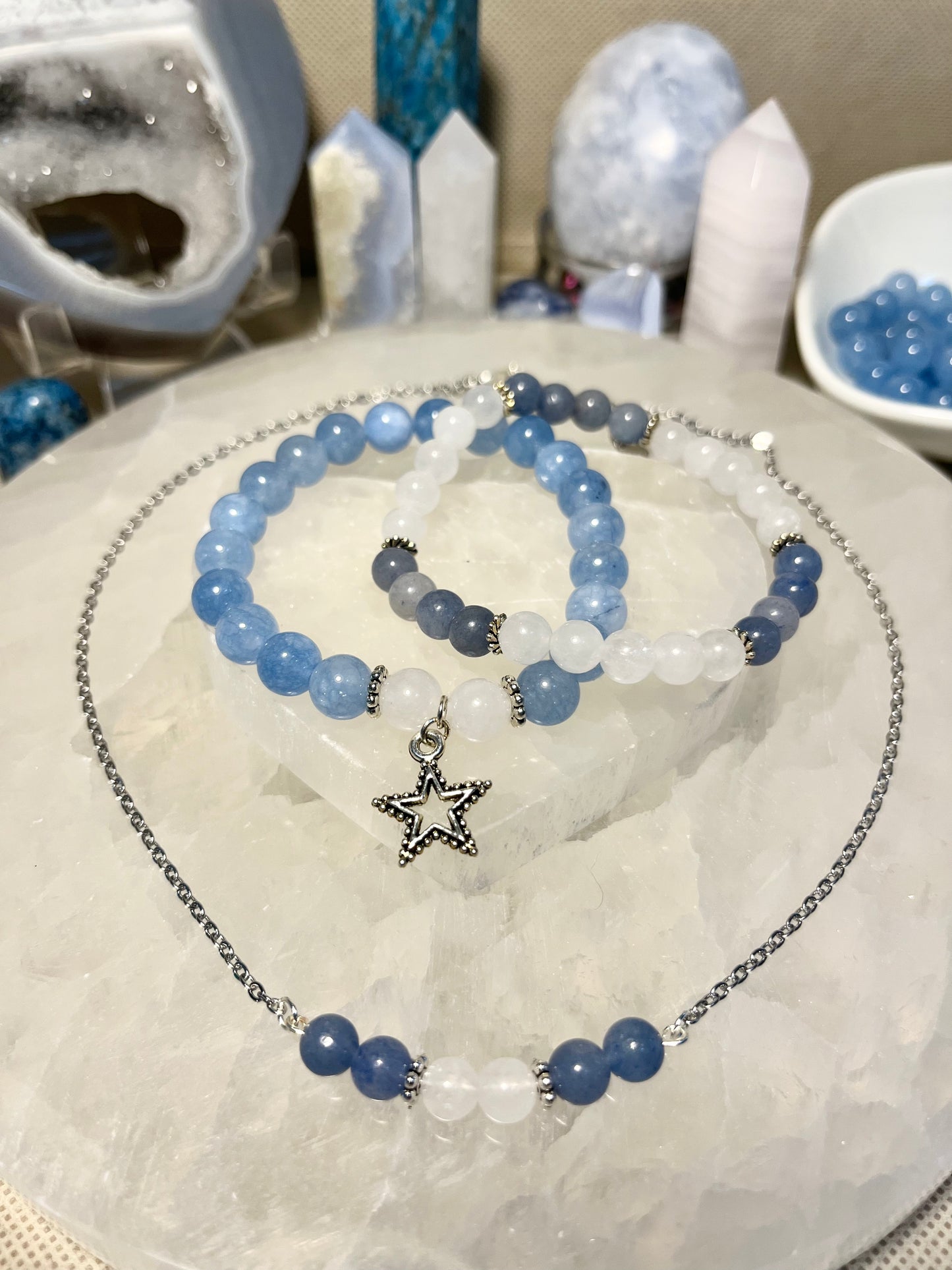 Genuine Blue Chalcedony and White Jade Crystal Bracelet & Necklace Set