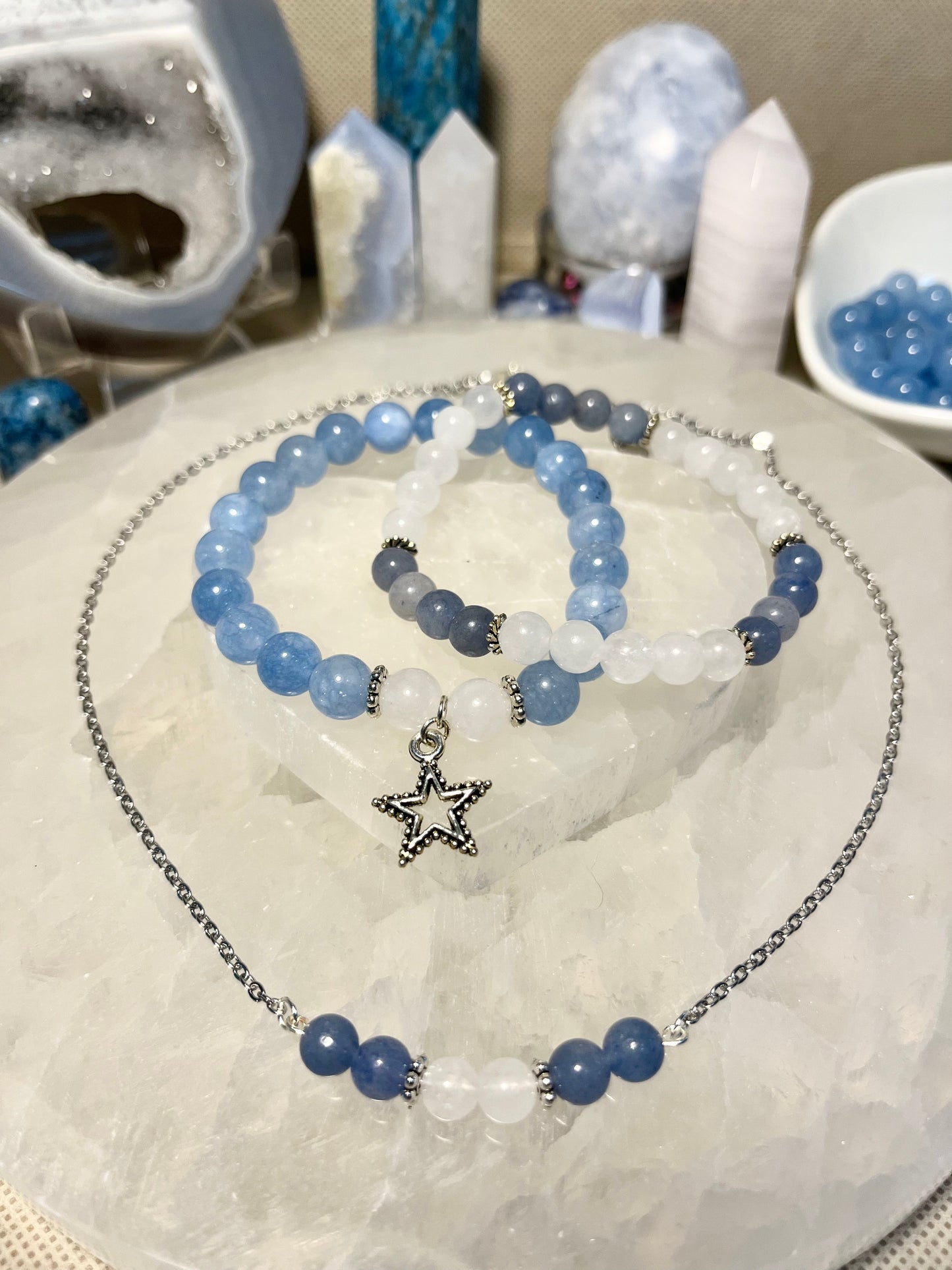 Genuine Blue Chalcedony and White Jade Crystal Bracelet Set ONLY