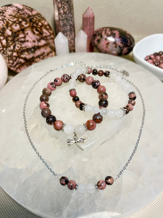 Genuine Rhodonite and White Jade Crystal Bracelet & Necklace Set