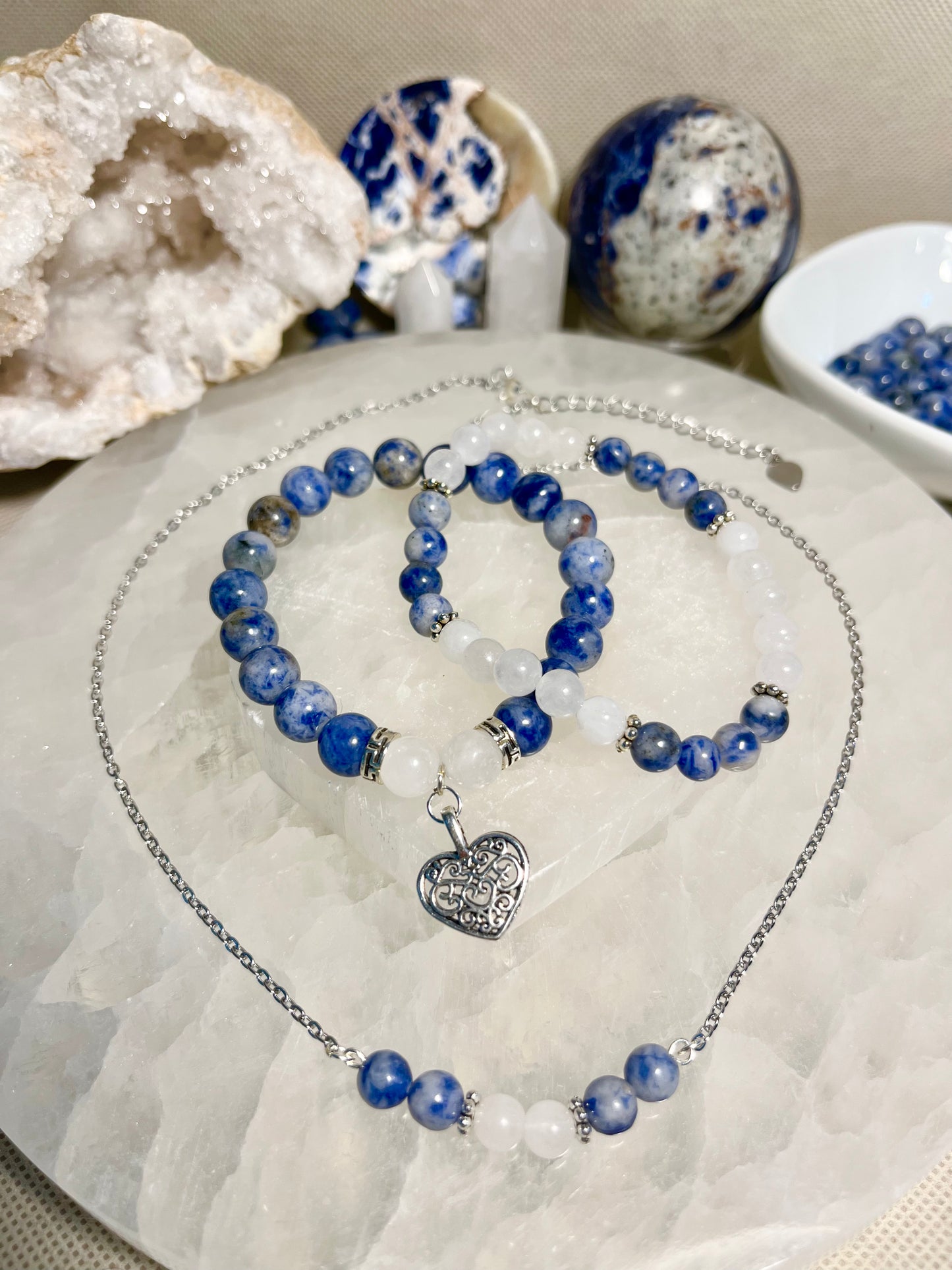 Genuine Sodalite and White Jade Crystal Bracelet & Necklace Set
