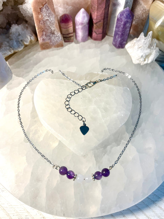 Genuine Amethyst and White Jade Crystal Necklace