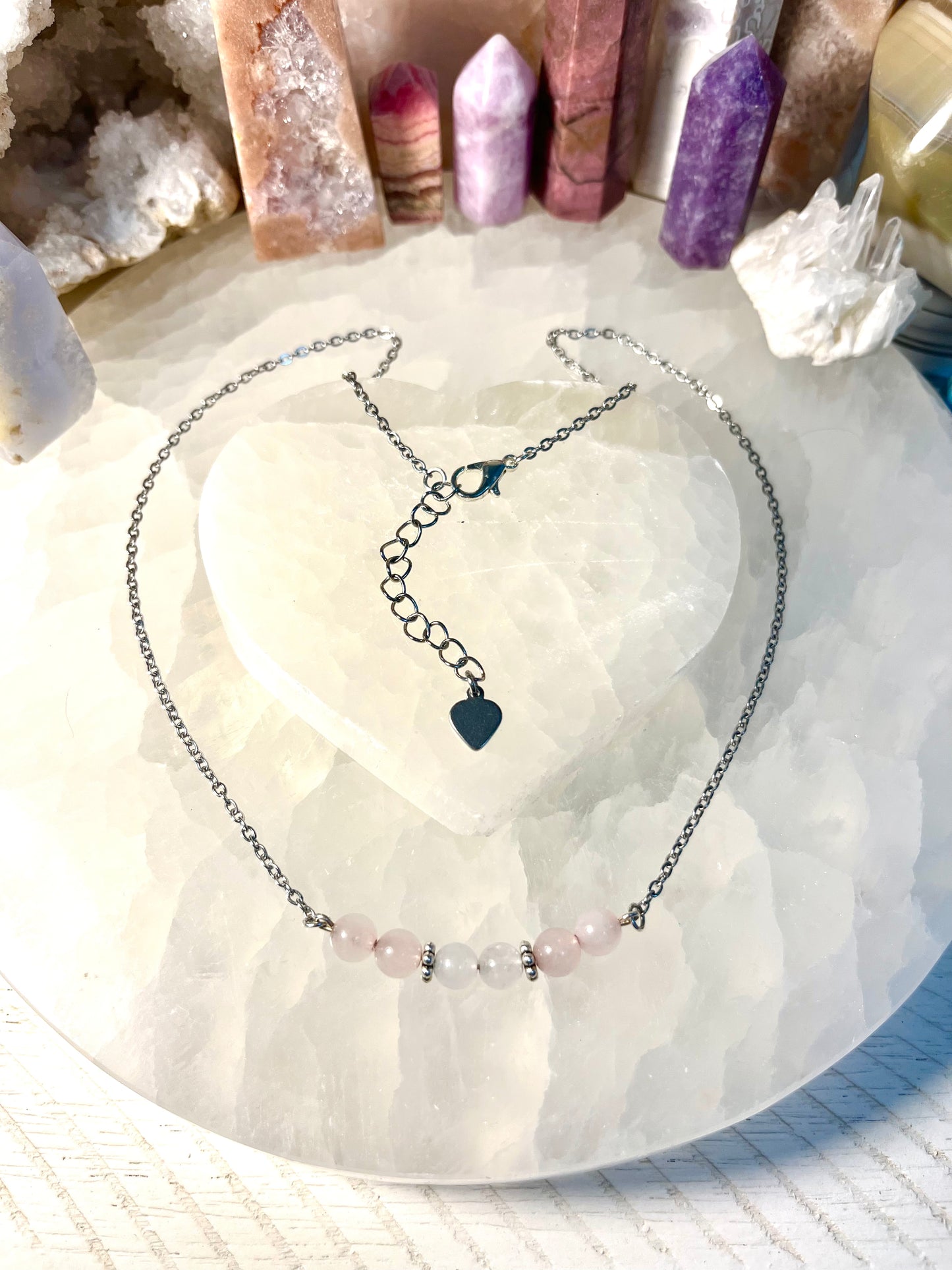 Genuine Rose Quartz and White Jade Crystal Necklace