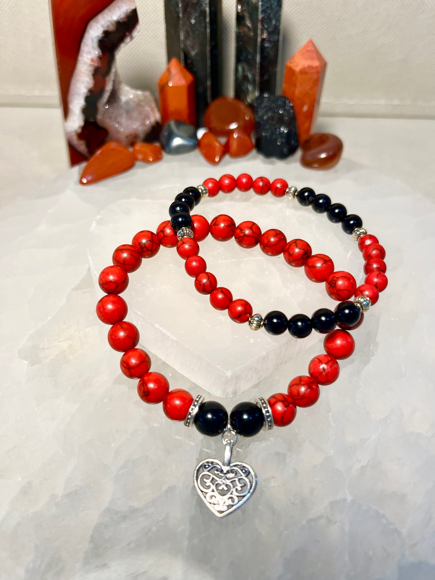 Genuine Red Vein Jasper and Black Tourmaline Crystal Bracelet Set