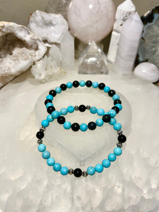 Genuine Turquoise and Black Tourmaline Crystal Bracelet Set