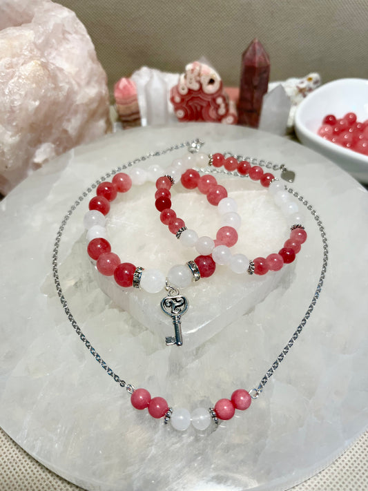 Genuine Rhodochrosite and White Jade Crystal Bracelet & Necklace Set