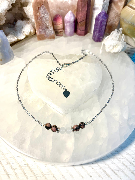 Genuine Rhodonite and White Jade Crystal Necklace
